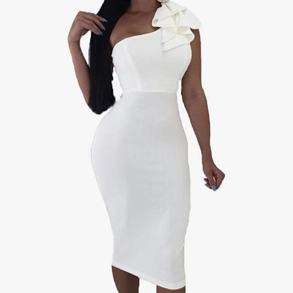 ⭐️mokoru women's sexy ruffle one shoulder sleeveless bodycon midi dress⭐️ - Picture 1 of 9